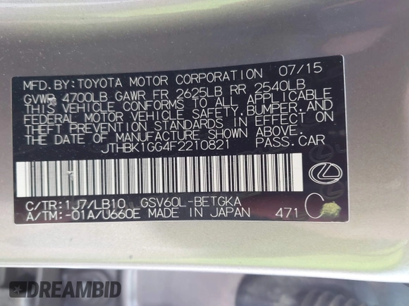 2015 Lexus ES 330 with VIN JTHBK1GG4F2210821, listed as a IAAI auction lot 41999107 with 140,551 mi miles and . Bid and sale history available at DreamBid. Image 9.