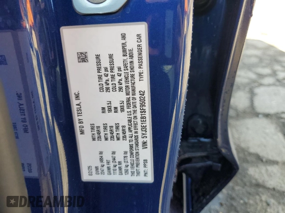 2025 Tesla Model 3 Long Range with VIN 5YJ3E1EB1SF950242, listed as a Copart auction lot 55609035 with 1,344 mi miles and Salvage title. Bid and sale history available at DreamBid. Image 13.