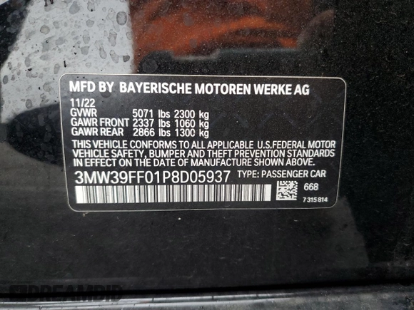 2023 BMW 3 Series 330e with VIN 3MW39FF01P8D05937, listed as a Copart auction lot 44490215 with 40,324 mi miles and Salvage Title. Bid and sale history available at carsss.com. Image 12.