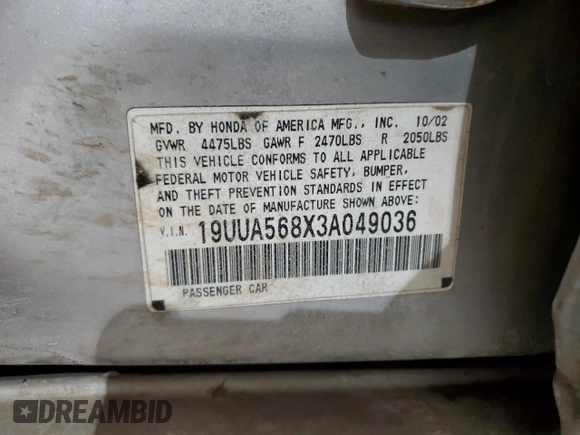 2003 Acura TL Type S with VIN 19UUA568X3A049036, listed as a Copart auction lot 45849755 with 249,044 mi miles and Non Repairable. Bid and sale history available at carsss.com. Image 14.