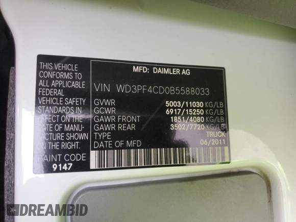 2011 Mercedes-Benz Sprinter with VIN WD3PF4CD0B5588033, listed as a Copart auction lot 45869255 with 241,977 mi miles and Salvage Title. Bid and sale history available at DreamBid. Image 13.