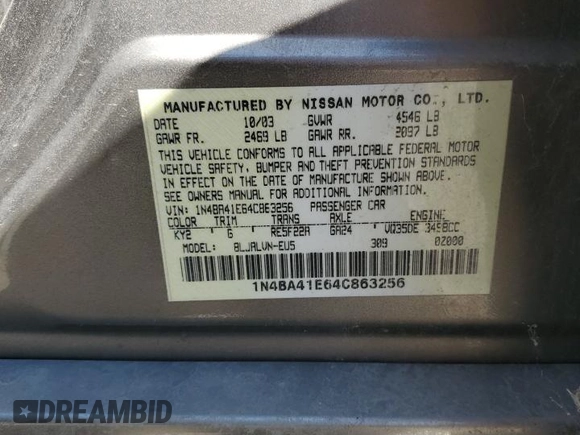 2004 Nissan Maxima SE with VIN 1N4BA41E64C863256, listed as a Copart auction lot 61951094 with 0 mi miles and Salvage Title. Bid and sale history available at carsss.com. Image 12.