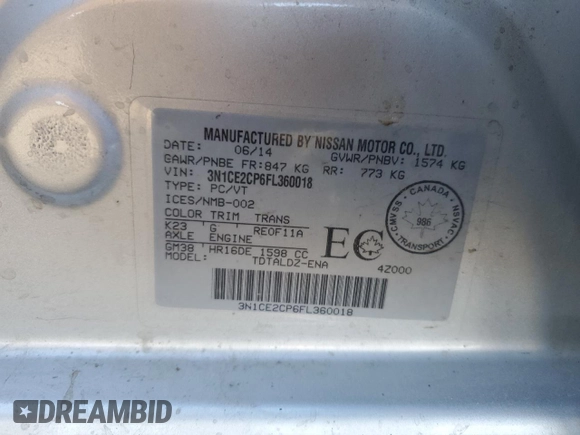 2015 Nissan Note SV z VIN 3N1CE2CP6FL360018, wystawiony jako Copart lot #77185904 z przebiegiem 157 196 mil mil oraz Szkoda całkowita • Salvage title. Historia ofert i sprzedaży dostępna na DreamBid. Obrazek 12.