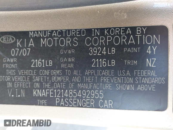 2008 Kia Spectra SX with VIN KNAFE121485492955, listed as a IAAI auction lot 41995775 with 61,717 mi miles. Bid and sale history available at carsss.com. Image 9.