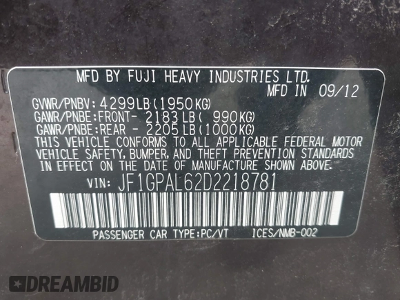2013 Subaru Impreza Special Sports Premium с VIN JF1GPAL62D2218781, выставлен на аукционе IAAI как лот 42208228 с пробегом 124 926 миль миль и . История ставок и продаж доступна на DreamBid. Изображение 9.