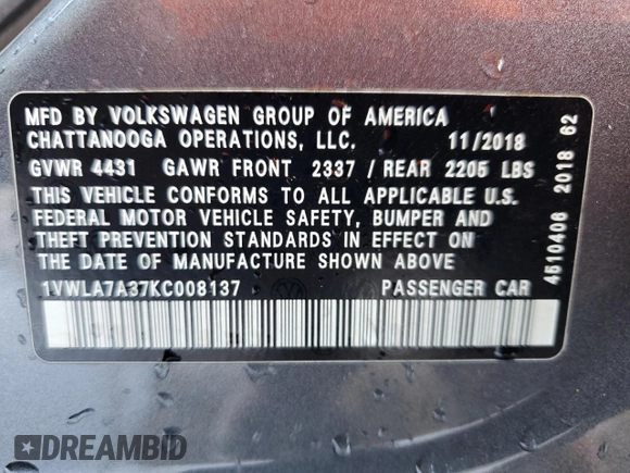 2019 Volkswagen Passat 2.0T Wolfsburg Edition with VIN 1VWLA7A37KC008137, listed as a Copart auction lot 49148135 with 109,617 mi miles and Salvage Title. Bid and sale history available at carsss.com. Image 12.