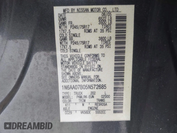 2005 Nissan Titan LE with VIN 1N6AA07B05N572685, listed as a IAAI auction lot 42692229 with 200,583 mi miles and . Bid and sale history available at DreamBid. Image 9.