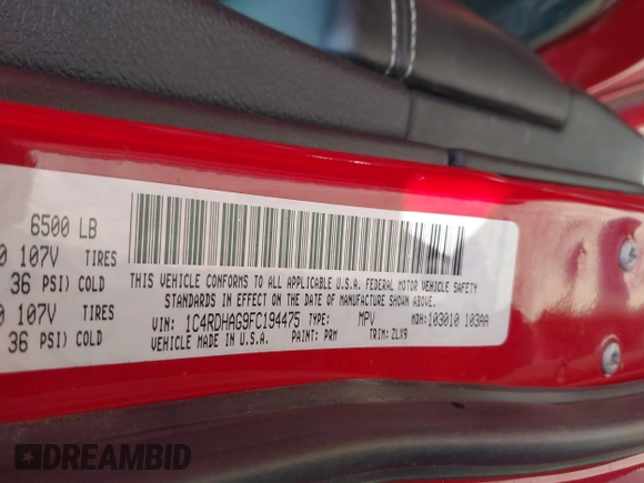 2015 Dodge Durango SXT with VIN 1C4RDHAG9FC194475, listed as a IAAI auction lot 42352335 with 111,965 mi miles and . Bid and sale history available at DreamBid. Image 9.