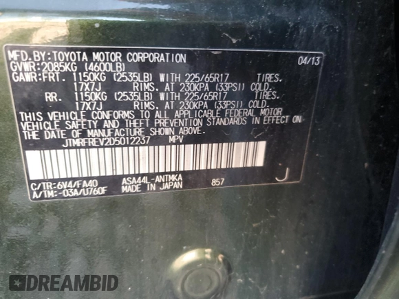 2013 Toyota RAV4 XLE with VIN JTMRFREV2D5012237, listed as a Copart auction lot 63235605 with 196,493 mi miles and Salvage title. Bid and sale history available at DreamBid. Image 13.