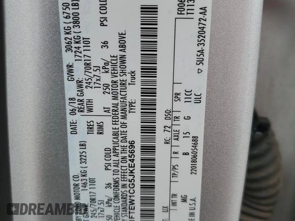 2018 Ford F-150 XL with VIN 1FTEW1CG5JKE45696, listed as a Copart auction lot 59895825 with 79,887 mi miles and Salvage title. Bid and sale history available at DreamBid. Image 13.