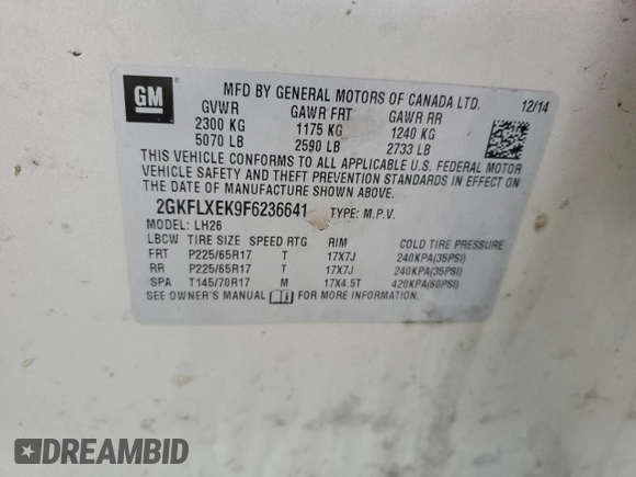 2015 GMC Terrain SLT with VIN 2GKFLXEK9F6236641, listed as a Copart auction lot 52545915 with 145,596 mi miles and Clean Title. Bid and sale history available at DreamBid. Image 13.