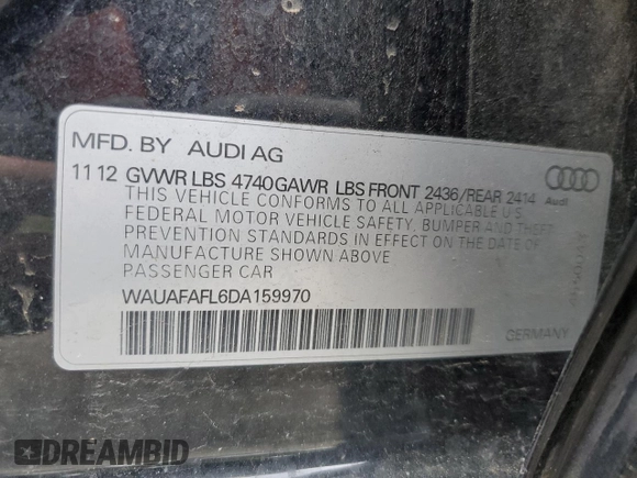2013 Audi A4 Premium with VIN WAUAFAFL6DA159970, listed as a Copart auction lot 49479955 with 103,703 mi miles and Salvage Title. Bid and sale history available at carsss.com. Image 14.