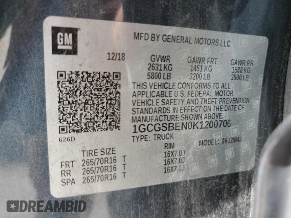 2019 Chevrolet Colorado 2WD Work Truck с VIN 1GCGSBEN0K1200706, выставлен на аукционе Copart как лот 60394995 с пробегом 63 315 миль миль и Списание • Salvage title. История ставок и продаж доступна на DreamBid. Изображение 12.