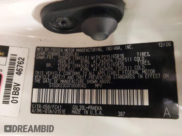 2007 Toyota Sienna CE with VIN 5TDZK23C07S008562, listed as a IAAI auction lot 41517454 with 217,987 mi miles and . Bid and sale history available at DreamBid. Image 9.
