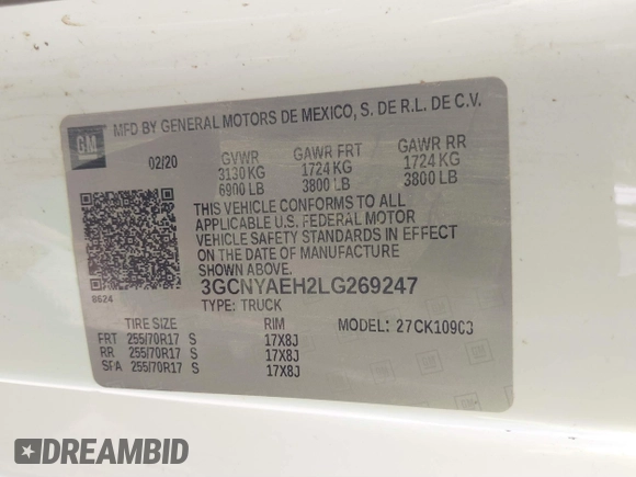 2020 Chevrolet Silverado 1500 with VIN 3GCNYAEH2LG269247, listed as a IAAI auction lot 41880661 with 108,710 mi miles and . Bid and sale history available at DreamBid. Image 9.