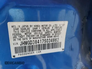 2007 Honda Fit с VIN JHMGD38417S034862, выставлен на аукционе Copart как лот 57114485 с пробегом 157 029 миль миль и На запчасти • Non repairable. История ставок и продаж доступна на DreamBid. Изображение 13.