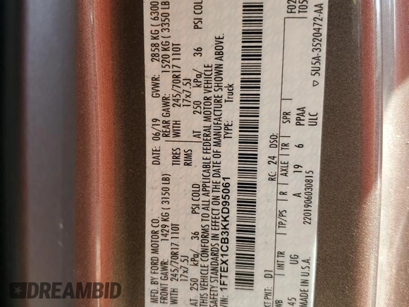 2019 Ford F-150 XL with VIN 1FTEX1CB3KKD95061, listed as a Copart auction lot 58544655 with 54,391 mi miles and Salvage title. Bid and sale history available at DreamBid. Image 12.