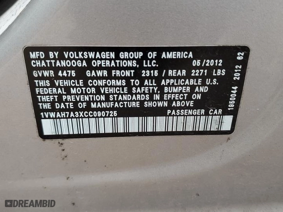 2012 Volkswagen Passat S w/Appearance with VIN 1VWAH7A3XCC090725, listed as a Copart auction lot 49828585 with 204,961 mi miles and Salvage Title. Bid and sale history available at carsss.com. Image 12.