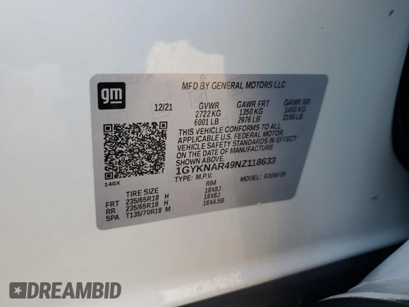 2022 Cadillac XT5 FWD Luxury z VIN 1GYKNAR49NZ118633, wystawiony jako Copart lot #43274175 z przebiegiem 46 946 mil mil oraz Szkoda całkowita • Salvage title. Historia ofert i sprzedaży dostępna na DreamBid. Obrazek 13.
