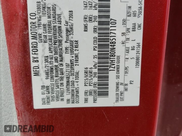 2008 Ford Mustang Deluxe with VIN 1ZVHT80N485171107, listed as a Copart auction lot 53973615 with 182,863 mi miles and Salvage Title. Bid and sale history available at DreamBid. Image 12.