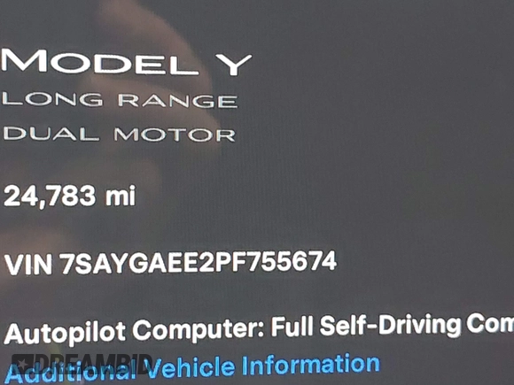 2023 Tesla Model Y Long Range with VIN 7SAYGAEE2PF755674, listed as a IAAI auction lot 41890025 with 24,783 mi miles and . Bid and sale history available at DreamBid. Image 15.