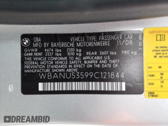 2009 BMW 5 Series 528i with VIN WBANU53599C121844, listed as a Copart auction lot 87062774 with 111,240 mi miles and Salvage Title. Bid and sale history available at carsss.com. Image 13.