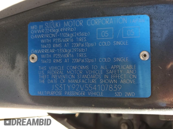 2005 Suzuki XL7 LX z VIN JS3TY92V554107839, wystawiony jako Copart lot #88328455 z przebiegiem 122 912 mil mil oraz Szkoda całkowita • Salvage title. Historia ofert i sprzedaży dostępna na DreamBid. Obrazek 13.