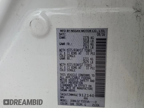 2016 Nissan Rogue S z VIN 5N1AT2MM4GC912140, wystawiony jako Copart lot #58133605 z przebiegiem 155 185 mil mil oraz Szkoda całkowita • Salvage title. Historia ofert i sprzedaży dostępna na DreamBid. Obrazek 14.