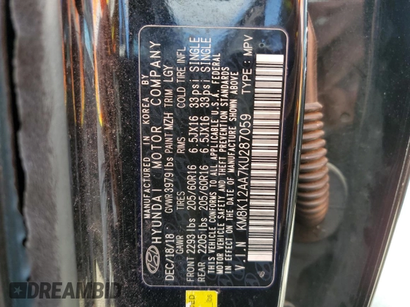 2019 Hyundai Kona SE with VIN KM8K12AA7KU287059, listed as a Copart auction lot 46117463 with 133,585 mi miles and . Bid and sale history available at DreamBid. Image 12.