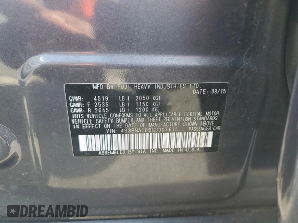2016 Subaru Legacy Premium with VIN 4S3BNAF69G3007615, listed as a Copart auction lot 59591625 with 177,355 mi miles and Clean title. Bid and sale history available at DreamBid. Image 12.