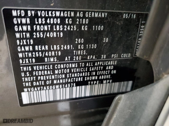 2016 Volkswagen Tiguan R-Line with VIN WVGAV7AX0GW614575, listed as a Copart auction lot 45099785 with 154,456 mi miles and Salvage Title. Bid and sale history available at carsss.com. Image 16.