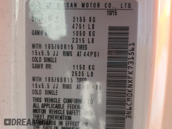 2015 Nissan NV200 SV with VIN 3N6CM0KNXFK731561, listed as a Copart auction lot 51877515 with 73,909 mi miles and Clean Title. Bid and sale history available at carsss.com. Image 13.