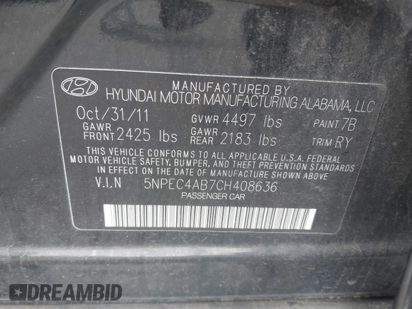 2012 Hyundai Sonata SE with VIN 5NPEC4AB7CH408636, listed as a IAAI auction lot 42188211 with 197,665 mi miles and . Bid and sale history available at carsss.com. Image 9.