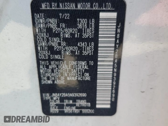 2022 Nissan Armada SL with VIN JN8AY2BA5N9392690, listed as a Copart auction lot 82864374 with 49,225 mi miles and Salvage Title. Bid and sale history available at carsss.com. Image 14.