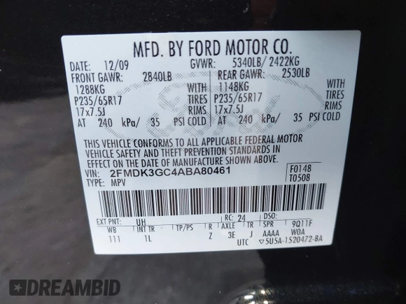2010 Ford Edge SE with VIN 2FMDK3GC4ABA80461, listed as a IAAI auction lot 42038677 with 109,166 mi miles. Bid and sale history available at carsss.com. Image 9.