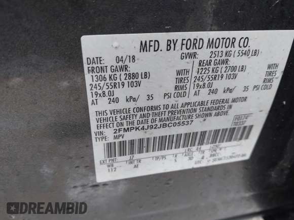2018 Ford Edge SEL with VIN 2FMPK4J92JBC05537, listed as a IAAI auction lot 41677902 with 71,476 mi miles. Bid and sale history available at carsss.com. Image 9.