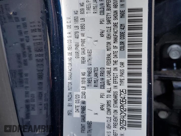 2023 Mazda 3 S Carbon Edition z VIN 3MZBPACM2PM364725, wystawiony jako Copart lot #86698474 z przebiegiem Nie podano mil oraz Szkoda całkowita • Salvage title. Historia ofert i sprzedaży dostępna na DreamBid. Obrazek 12.