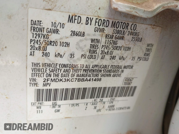 2011 Ford Edge Limited with VIN 2FMDK3KC7BBA41498, listed as a IAAI auction lot 42279675 with 249,621 mi miles and . Bid and sale history available at DreamBid. Image 9.