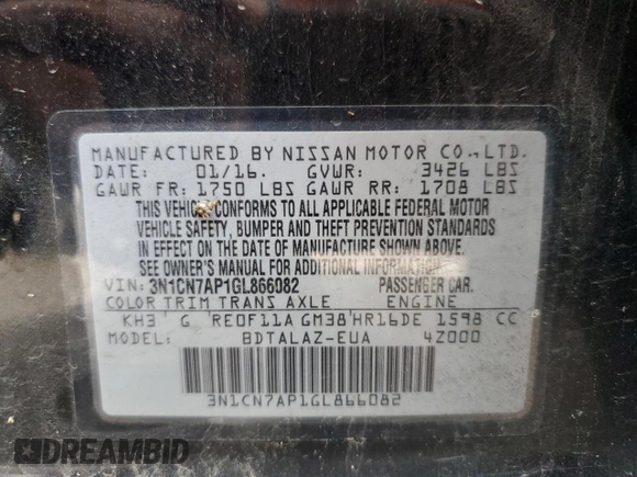 2016 Nissan Versa SV with VIN 3N1CN7AP1GL866082, listed as a Copart auction lot 54626365 with 83,716 mi miles and Clean Title. Bid and sale history available at carsss.com. Image 12.