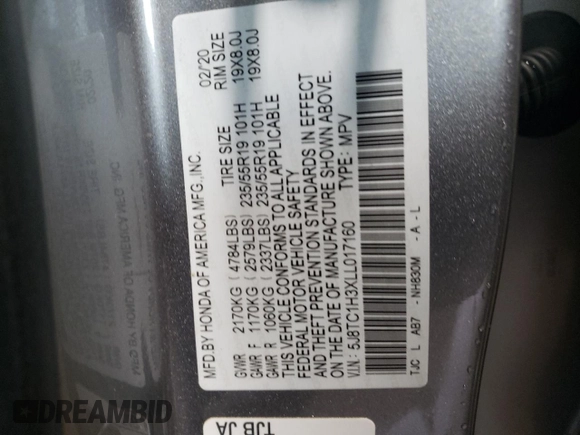 2020 Acura RDX with VIN 5J8TC1H3XLL017160, listed as a Copart auction lot 52144935 with 43,593 mi miles and Salvage title. Bid and sale history available at DreamBid. Image 12.