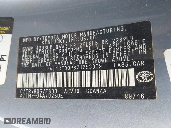 2007 Toyota Solara SE with VIN 4T1CE30P67U753009, listed as a IAAI auction lot 41486729 with 171,545 mi miles and . Bid and sale history available at carsss.com. Image 9.
