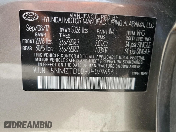 2018 Hyundai Santa Fe 2.4L z VIN 5NMZTDLB9JH079656, wystawiony jako Copart lot #54256175 z przebiegiem 100 678 mil mil oraz Szkoda całkowita • Salvage title. Historia ofert i sprzedaży dostępna na DreamBid. Obrazek 13.