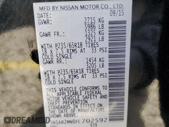 2015 Nissan Pathfinder SV with VIN 5N1AR2MN0FC702592, listed as a Copart auction lot 51717035 with 114,368 mi miles and Salvage title. Bid and sale history available at DreamBid. Image 14.