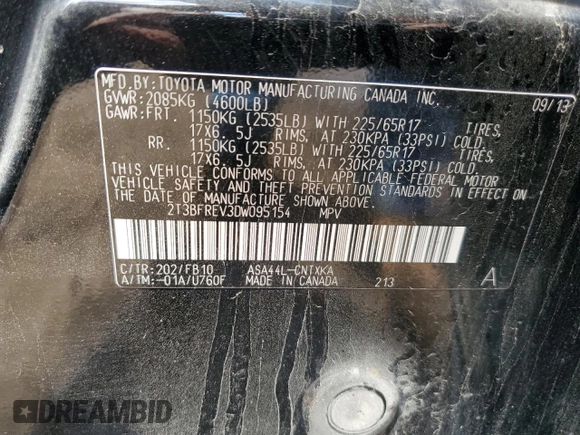 2013 Toyota RAV4 LE с VIN 2T3BFREV3DW095154, выставлен на аукционе Copart как лот 58865455 с пробегом 126 642 миль миль и Списание • Salvage title. История ставок и продаж доступна на DreamBid. Изображение 14.