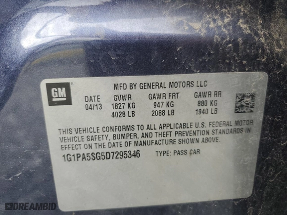 2013 Chevrolet Cruze LS with VIN 1G1PA5SG5D7295346, listed as a Copart auction lot 53536695 with 192,497 mi miles and Clean Title. Bid and sale history available at carsss.com. Image 12.
