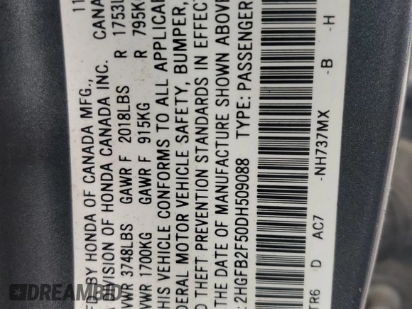2013 Honda Civic LX z VIN 2HGFB2F50DH509088, wystawiony jako Copart lot #59660625 z przebiegiem 292 774 mil mil oraz Szkoda całkowita • Salvage title. Historia ofert i sprzedaży dostępna na DreamBid. Obrazek 12.