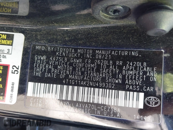 2022 Toyota Camry SE z VIN 4T1G11AK2NU499302, wystawiony jako IAAI lot #42233378 z przebiegiem 122 635 mil mil oraz . Historia ofert i sprzedaży dostępna na DreamBid. Obrazek 9.