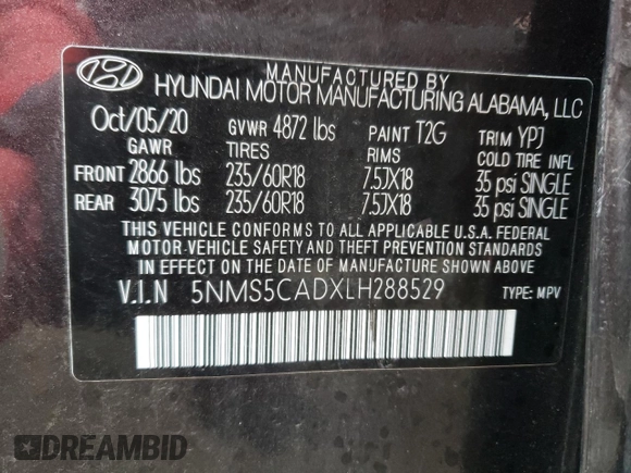 2020 Hyundai Santa Fe Limited with VIN 5NMS5CADXLH288529, listed as a Copart auction lot 40286833 with 9,933 mi miles and . Bid and sale history available at DreamBid. Image 14.