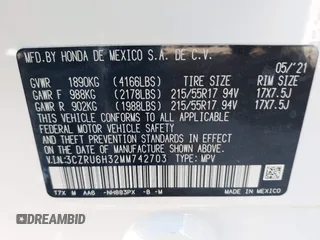 2021 Honda HR-V LX with VIN 3CZRU6H32MM742703, listed as a IAAI auction lot 42225960 with 43,897 mi miles and . Bid and sale history available at DreamBid. Image 9.