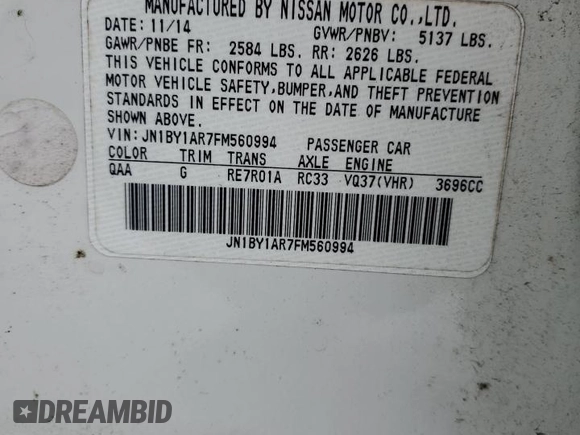 2015 Infiniti Q70 z VIN JN1BY1AR7FM560994, wystawiony jako Copart lot #86988034 z przebiegiem 92 028 mil mil oraz Szkoda całkowita • Salvage title. Historia ofert i sprzedaży dostępna na DreamBid. Obrazek 12.